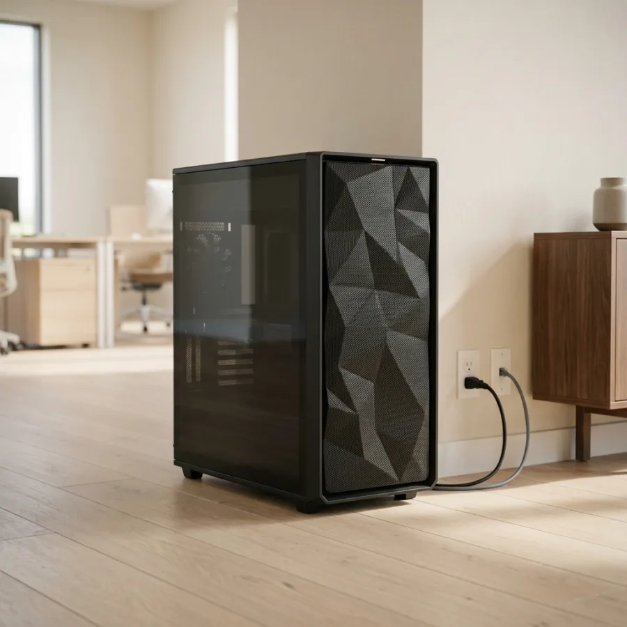 A matte black AI workstation tower standing on the floor of an office, its power cord connected to a wall outlet and its network cable connected to a wall jack