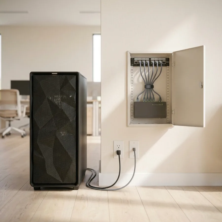 A matte black AI workstation tower cabled through an office wall jack to a wall-mounted network enclosure holding a patch panel and a managed switch