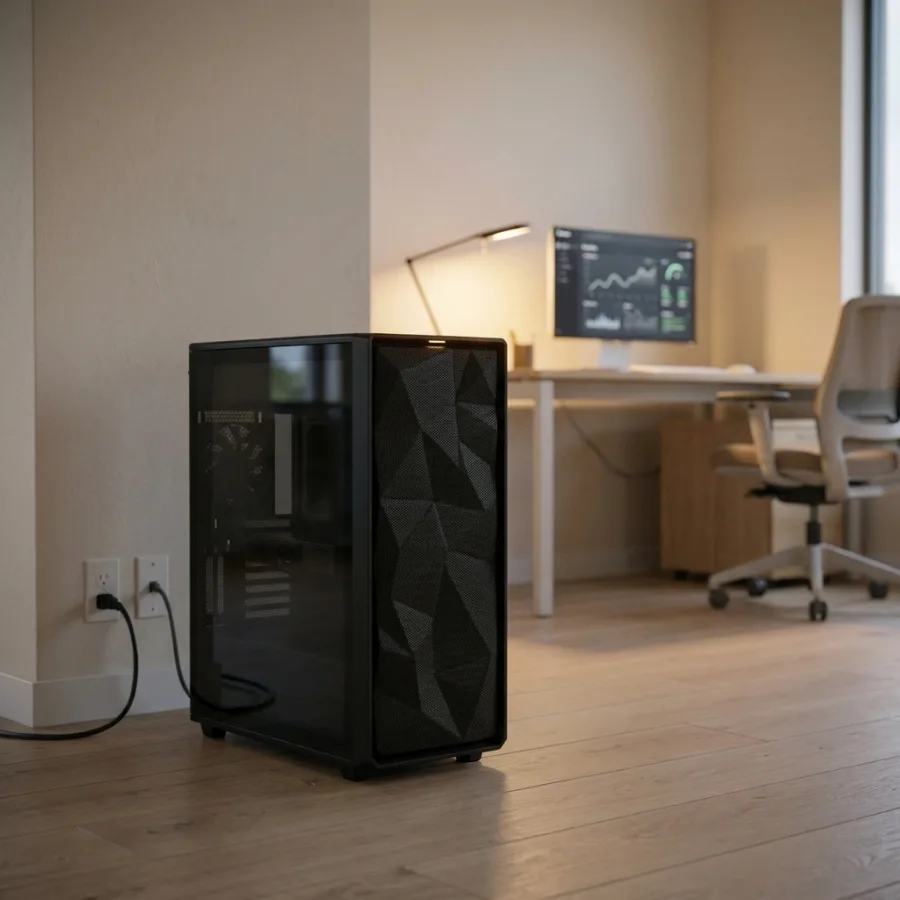 The installed AI workstation running after hours in a darkened office, with a monitoring dashboard glowing on an unoccupied desk behind it