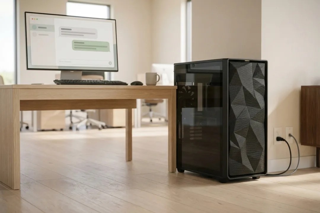 An office desk showing a private chat workspace on screen, with the AI workstation tower standing on the floor beside the desk