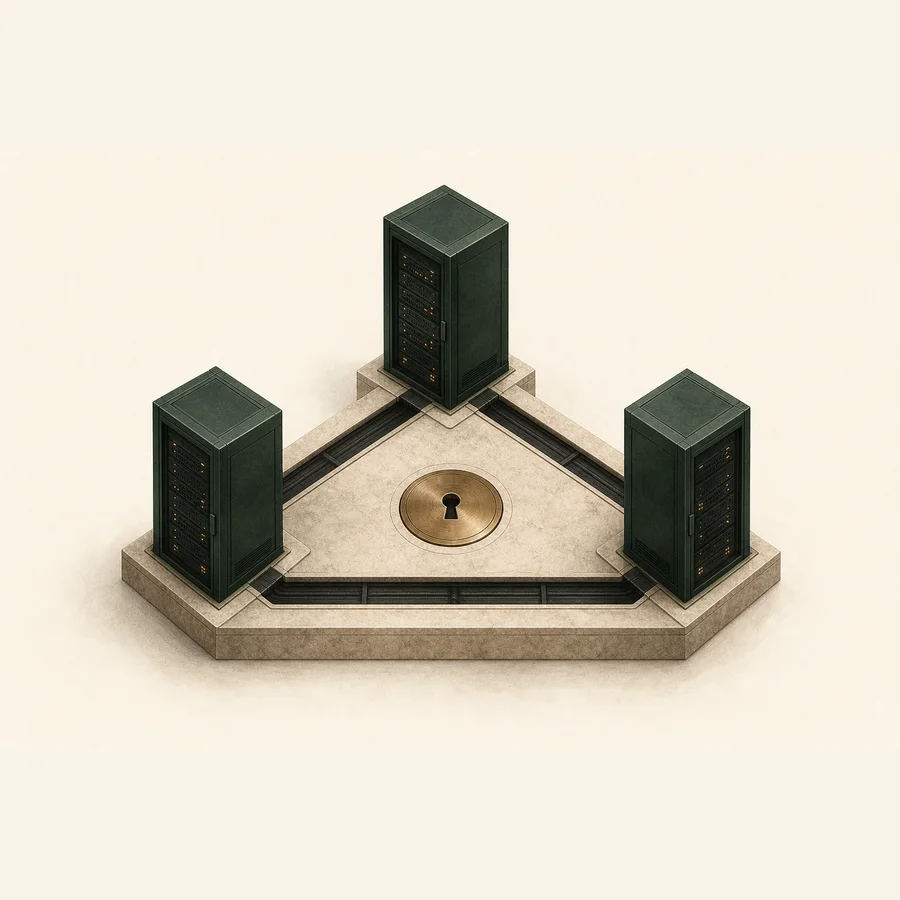 Three painted enterprise servers connected through secure channels around a brass security seal
