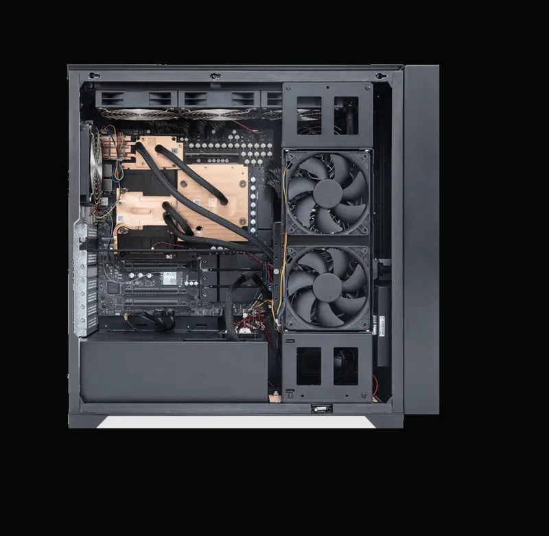 NVIDIA DGX Station GB300 deskside AI system with side panel open showing liquid-cooled internals
