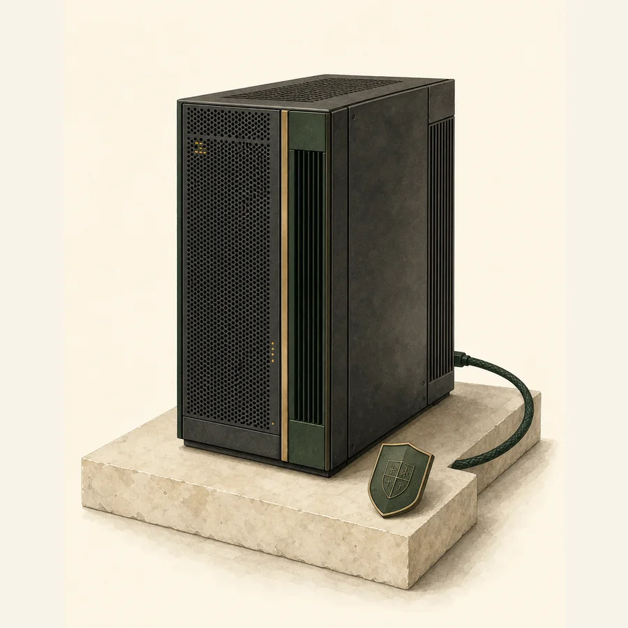 A painted enterprise AI appliance on a limestone plinth with a security credential and network cable